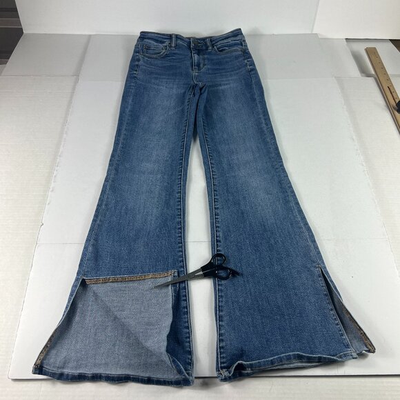 American Eagle Jeans Women 25x28 Super Hi Rise Flare Blue Split Hem Denim Tag 0R - Picture 1 of 16